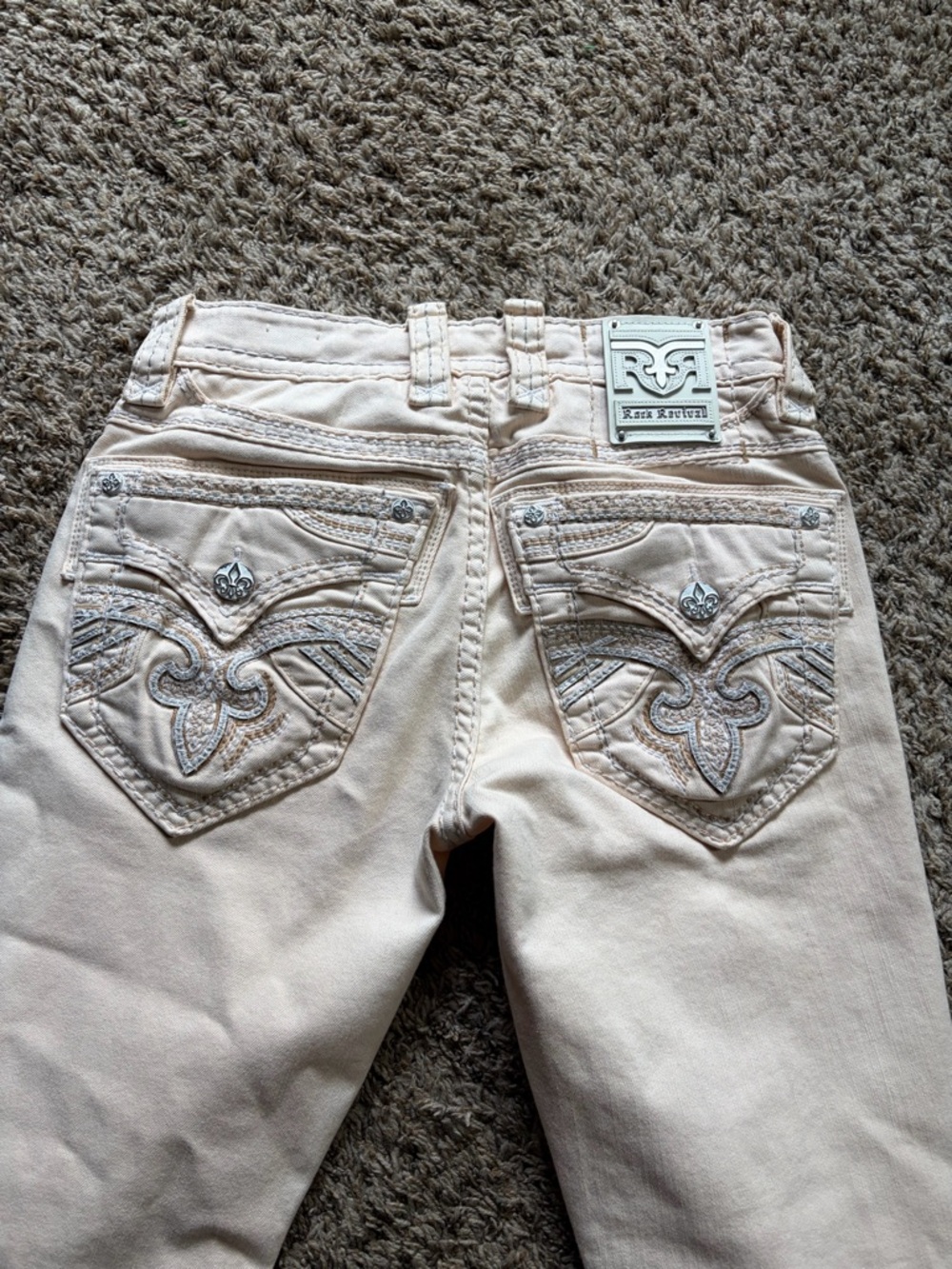 Rock Revival Light Beige Embellished Straight Leg Jeans